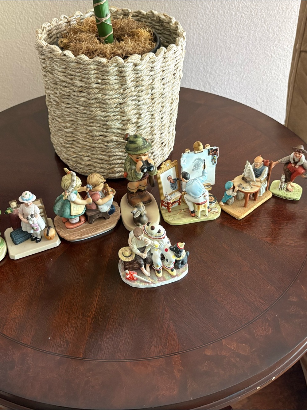 Norman Rockwell and Hummel Ceramic Figurine Group in Brown, Tan, Cream and Green